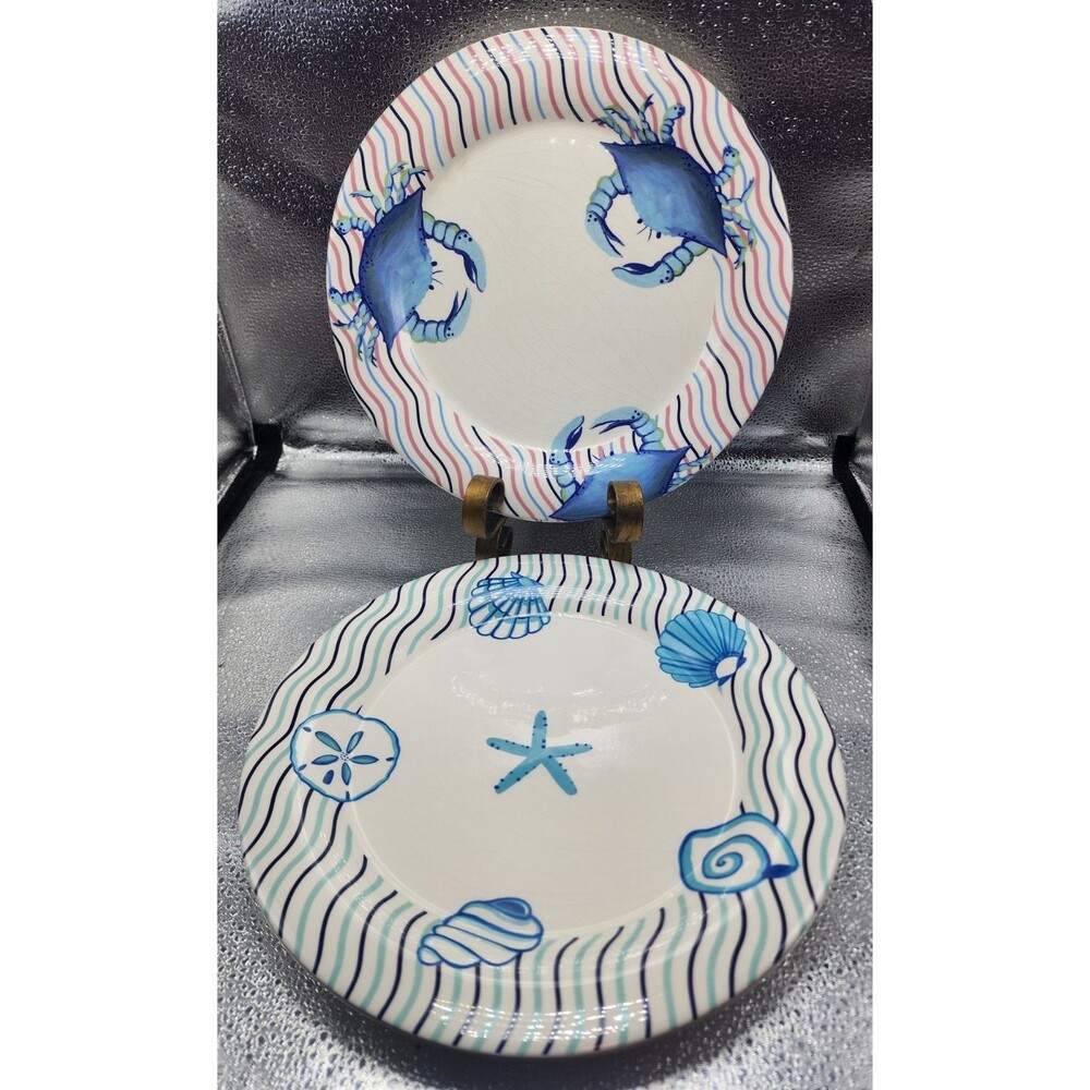 Shard Pottery of Maine Seashell/Starfish/Crab Ocean Dinner Plates(set of 2)READ!